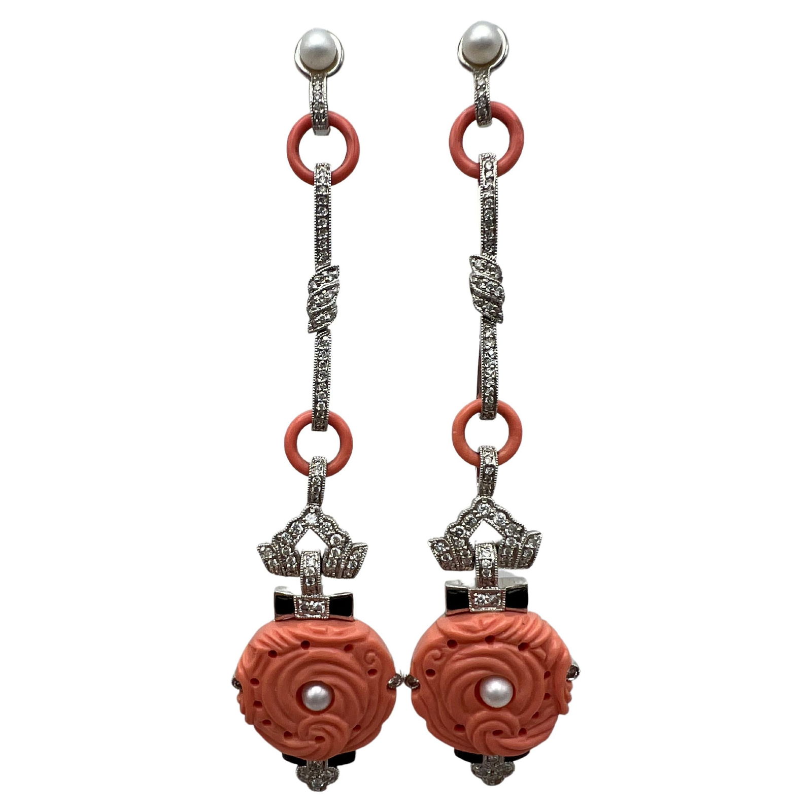 Art Deco White Gold Coral Diamond Pearl and Enamel Dangle Earrings - 7