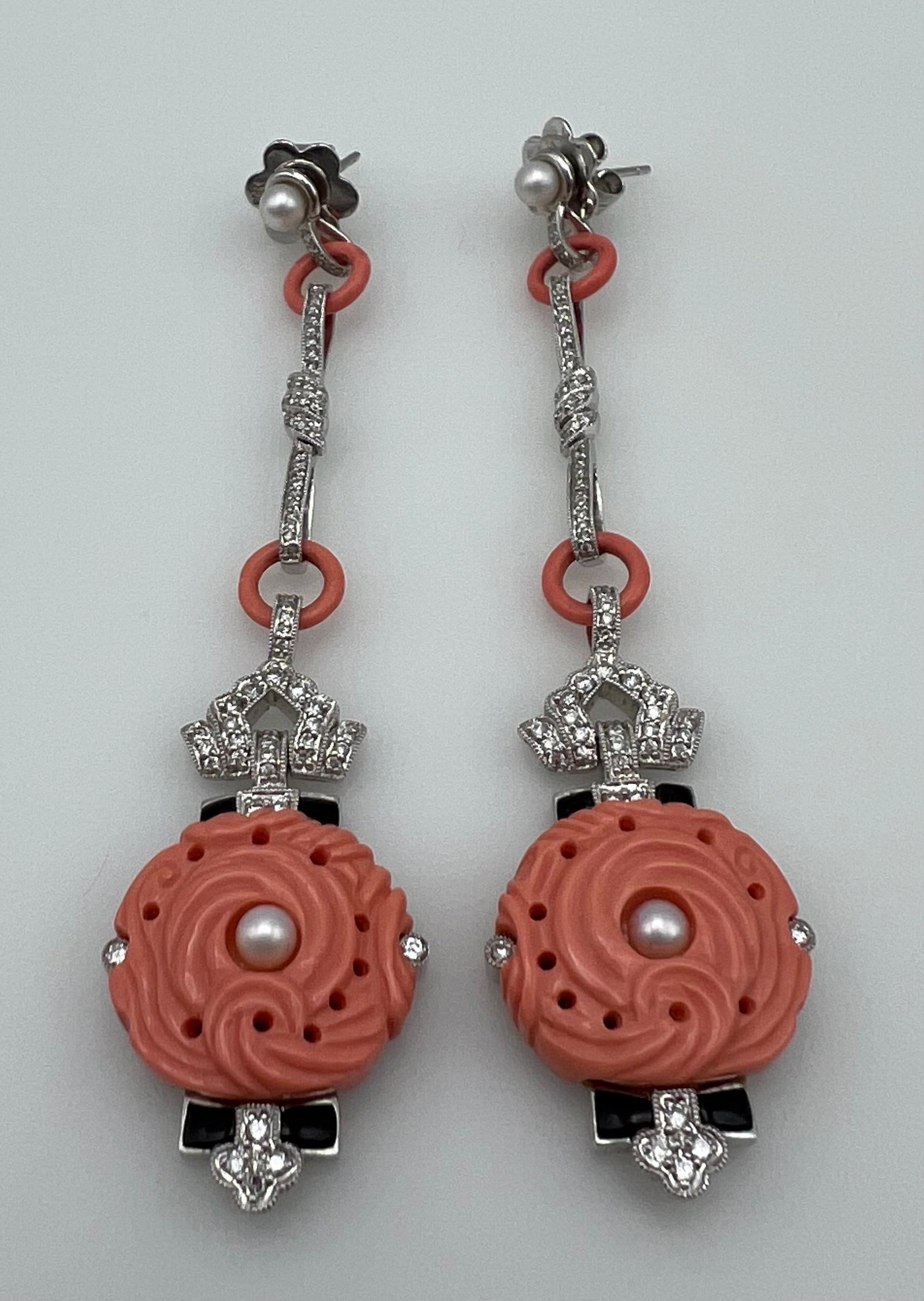 Art Deco White Gold Coral Diamond Pearl and Enamel Dangle Earrings - 9