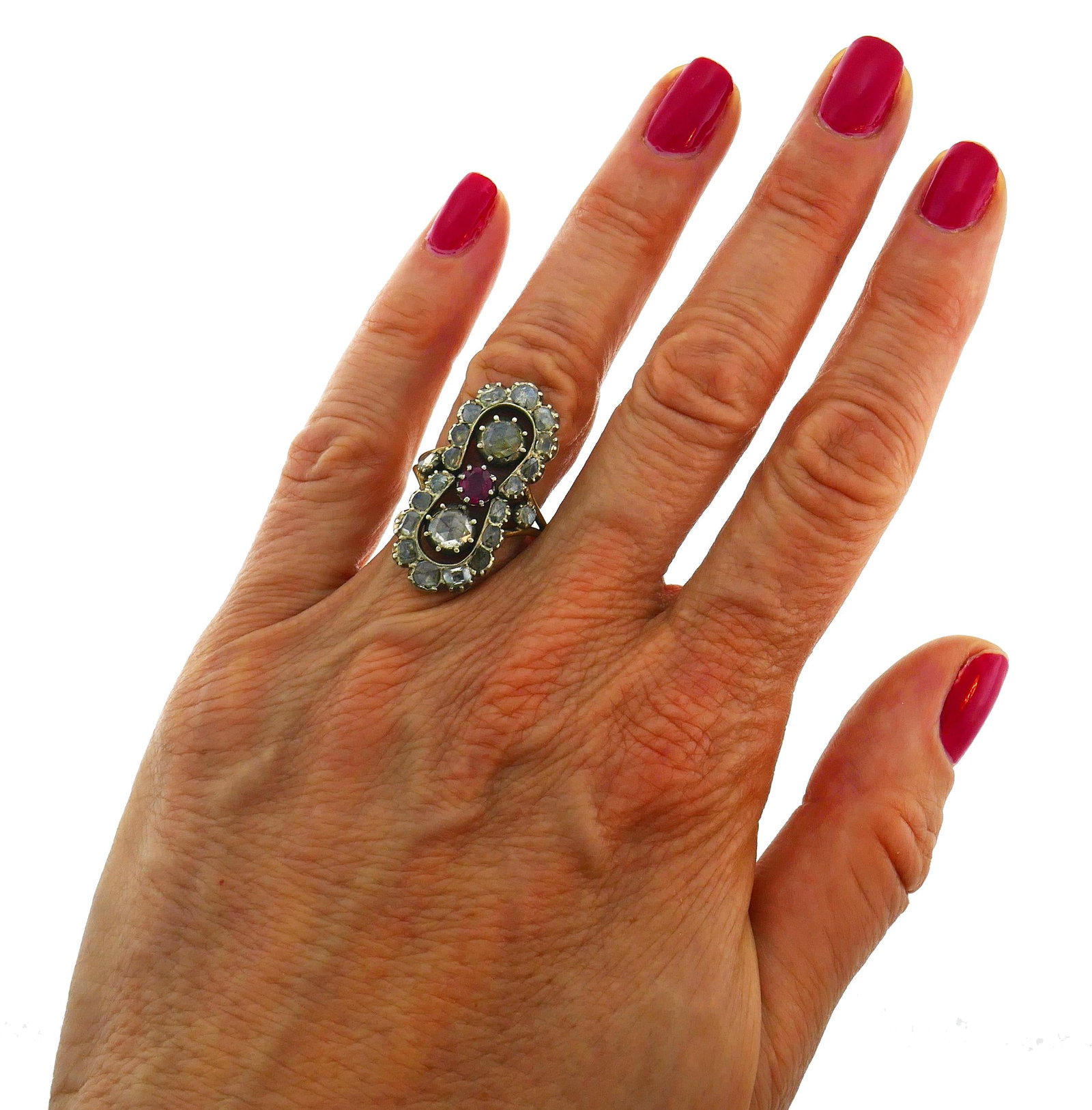 Victorian French Diamond Ruby 18k Gold Silver Ring Antique - 13