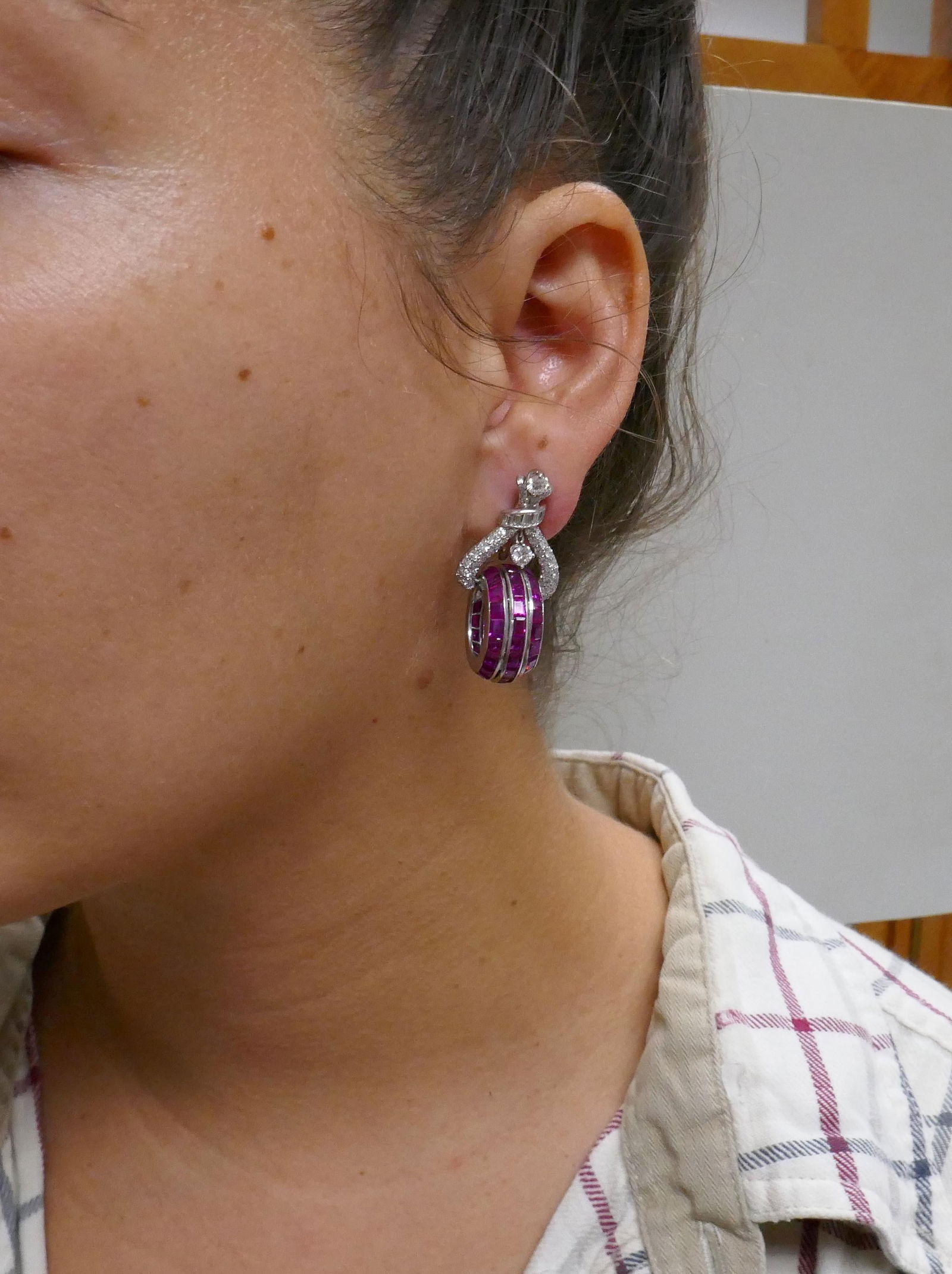 Vintage French cut Ruby Diamond Platinum Earrings - 3