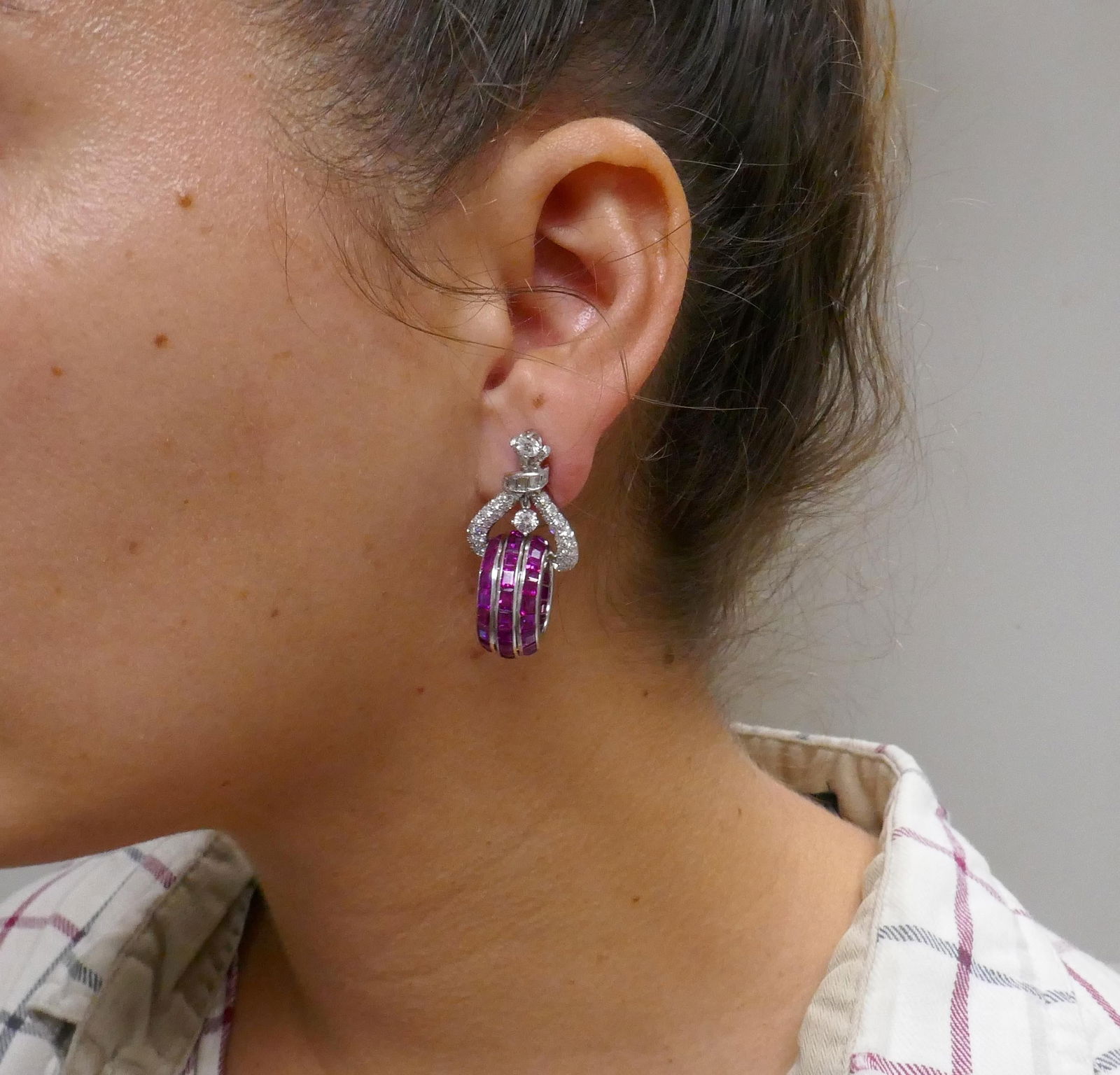 Vintage French cut Ruby Diamond Platinum Earrings - 4