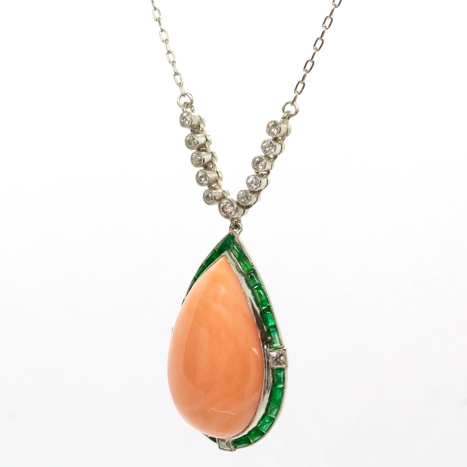 Estate Platinum Natural Coral, Emerald and Natural Diamond Pendant - 3