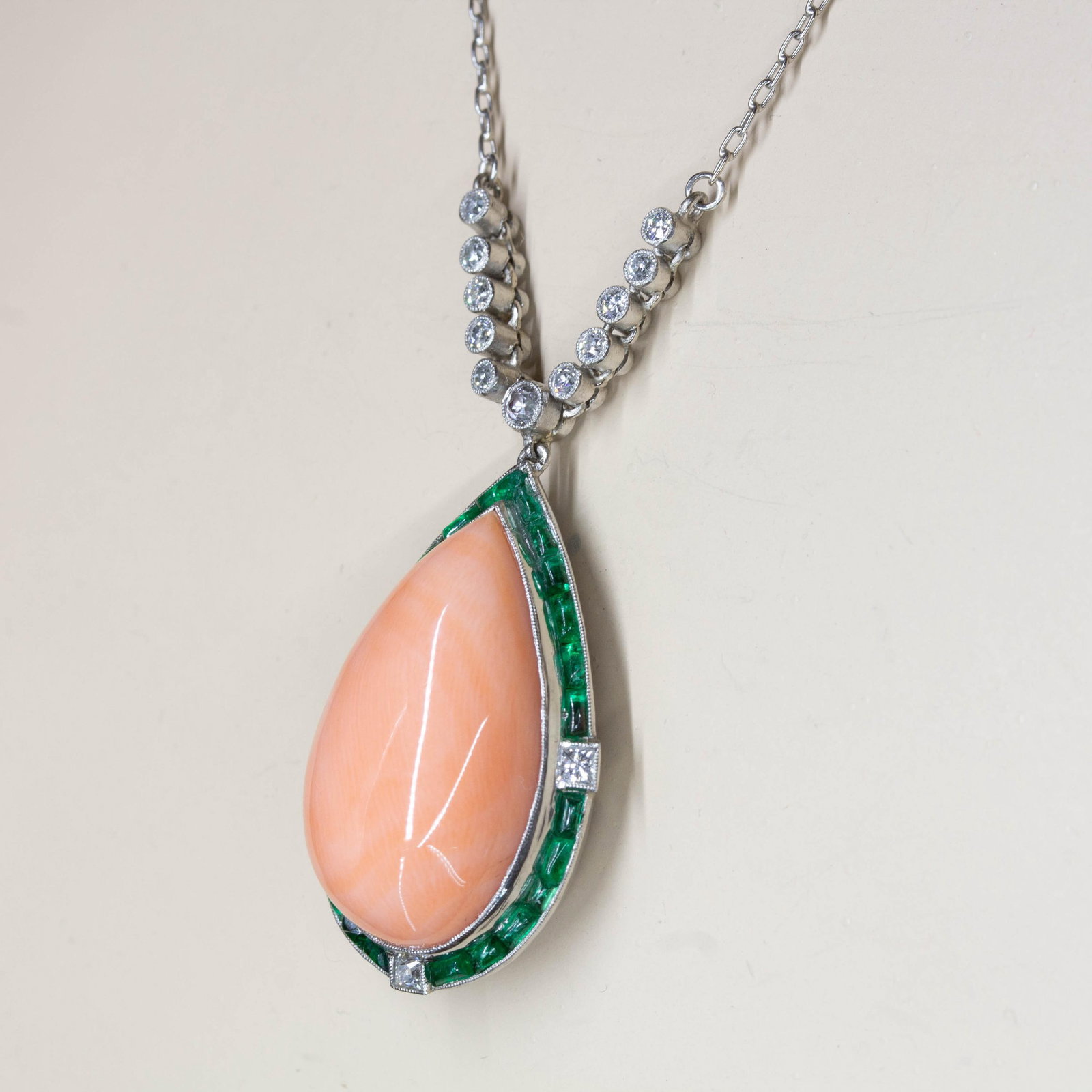 Estate Platinum Natural Coral, Emerald and Natural Diamond Pendant - 4