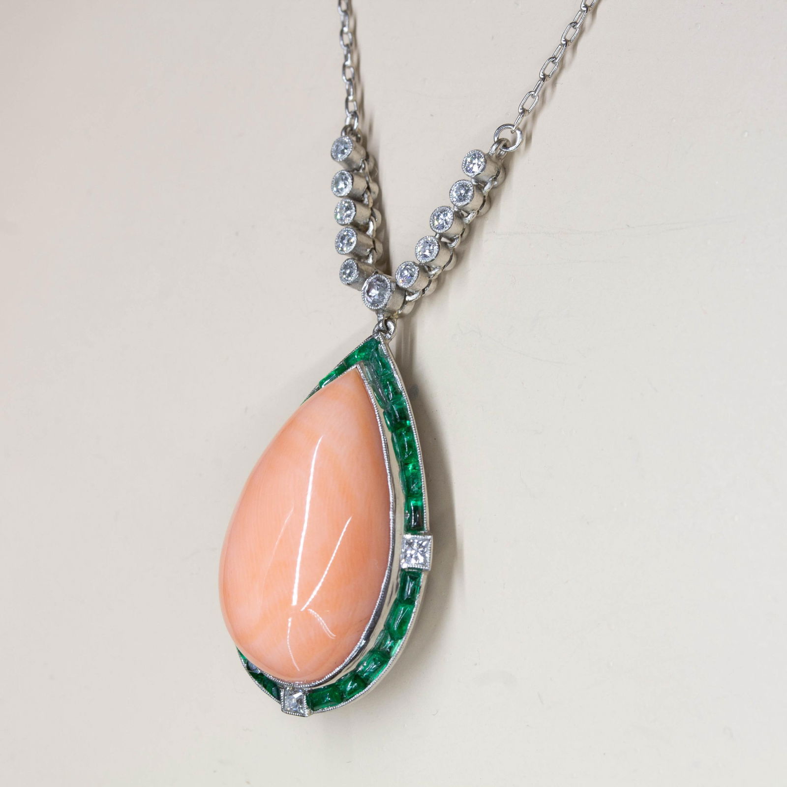 Estate Platinum Natural Coral, Emerald and Natural Diamond Pendant - 7