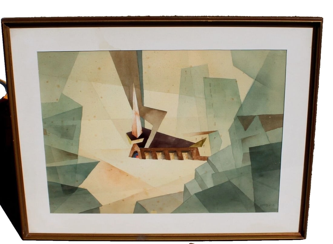 George Lykos Mid Century Modern California watercolor Buildings & a Prism - 2