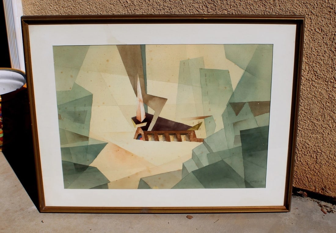 George Lykos Mid Century Modern California watercolor Buildings & a Prism - 3