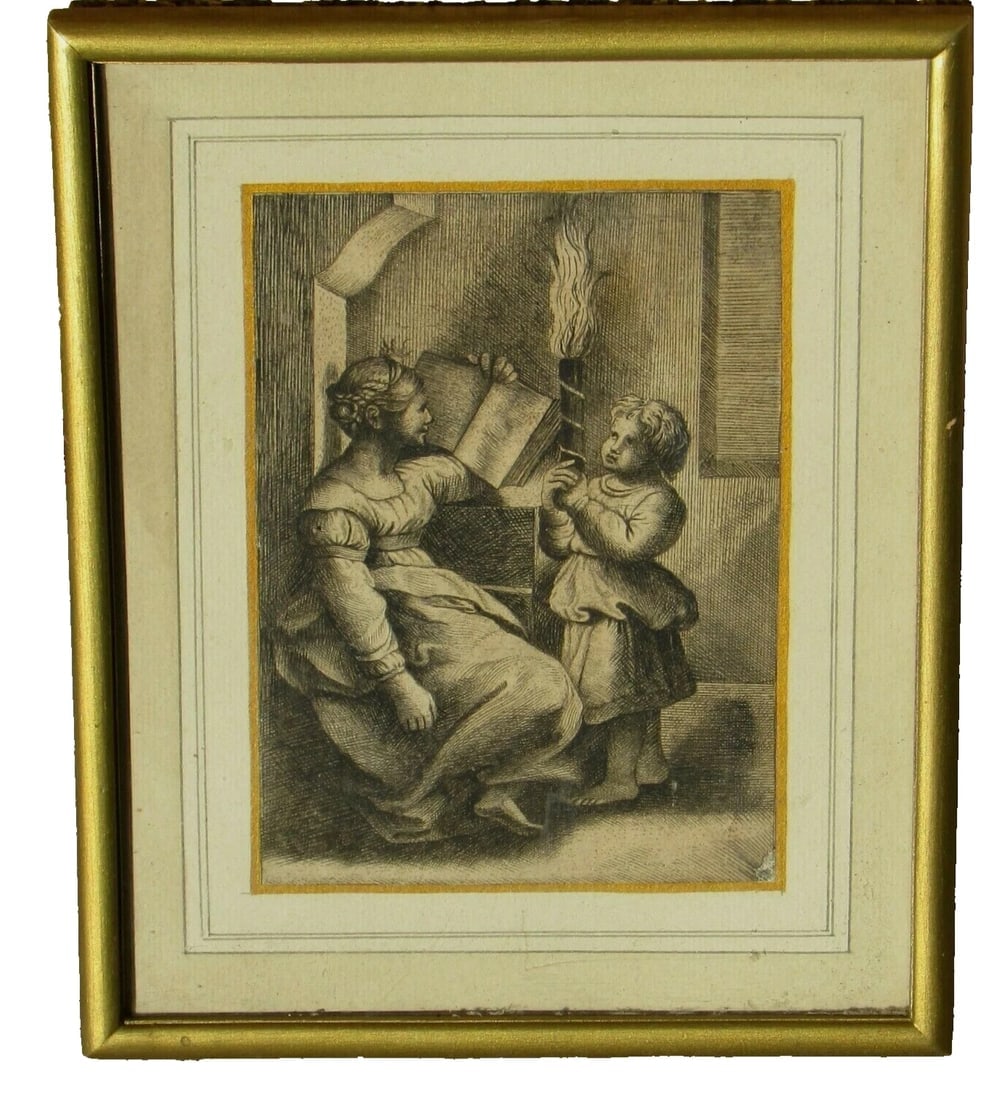 MARCANTONIO RAIMONDI Engraving Woman with Book & Child with Candle - 2