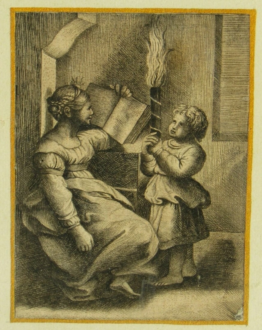 MARCANTONIO RAIMONDI Engraving Woman with Book & Child with Candle - 3