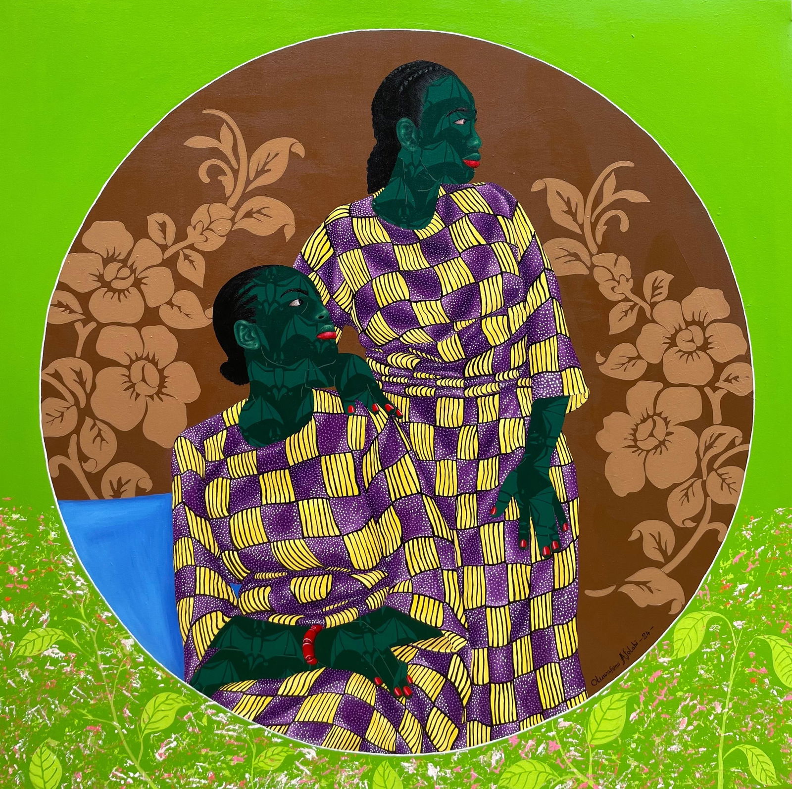 Oluwafemi Afolabi, Sisters in Yellow 4 -21st Century, Contemporary, Figurative, Love African Fabric,: Title:Oluwafemi Afolabi, Sisters in Yellow 4 -21st Century, Contemporary, Figurative, Love African Fabric, 2024Description:Creator: Oluwafemi Afolabi (1992, Nigerian) Creation Year: 2024