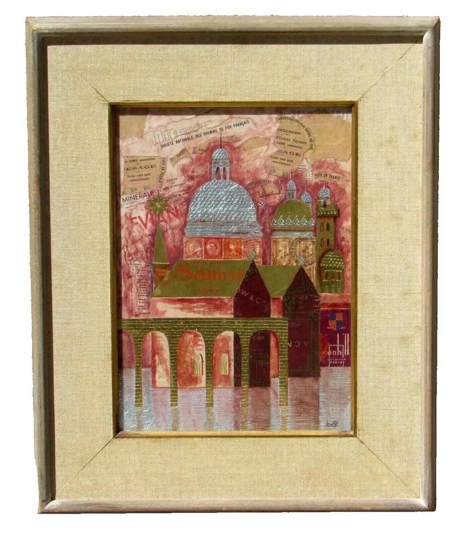 JULIE KOLB Circa 1970's Glimmering Venetian Sunset Collage: Title:JULIE KOLB Circa 1970's Glimmering Venetian Sunset Collage Description:JULIE KOLB. Glimmering Venetian Sunset, 13" x 9-1/2" sight size (framed size: 20" x 16") signed lower right: Kolb. The back
