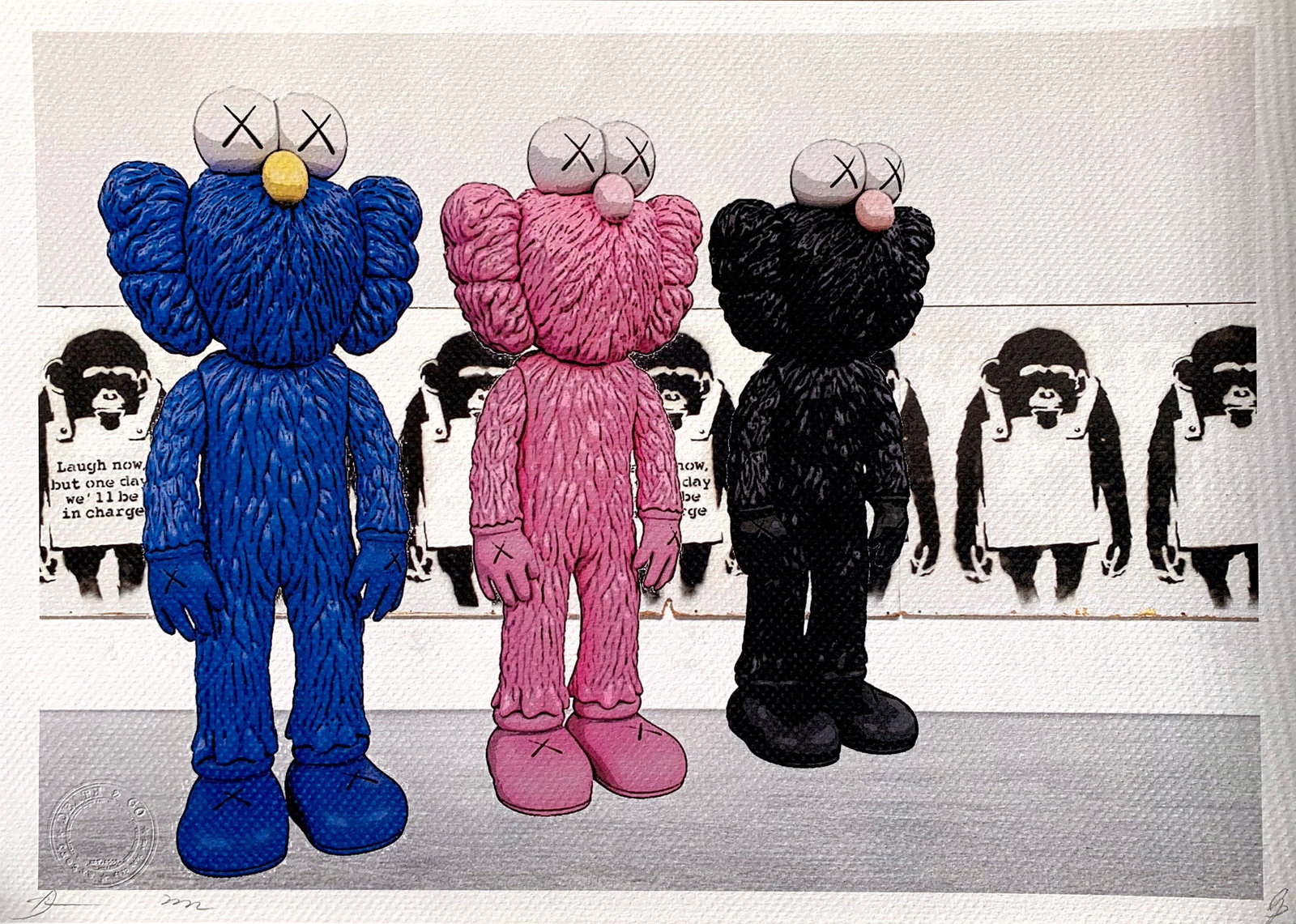 DEATH NYC KAWS Banksy: Title: DEATH NYC KAWS Banksy Date/Period: 21st Century Materials:Giclee on Fine art 300 gsm paper Size:17 3/4 x 12 1/2 inches Description:Artist: Death NYC, limited edition giclee on paper, out of edd