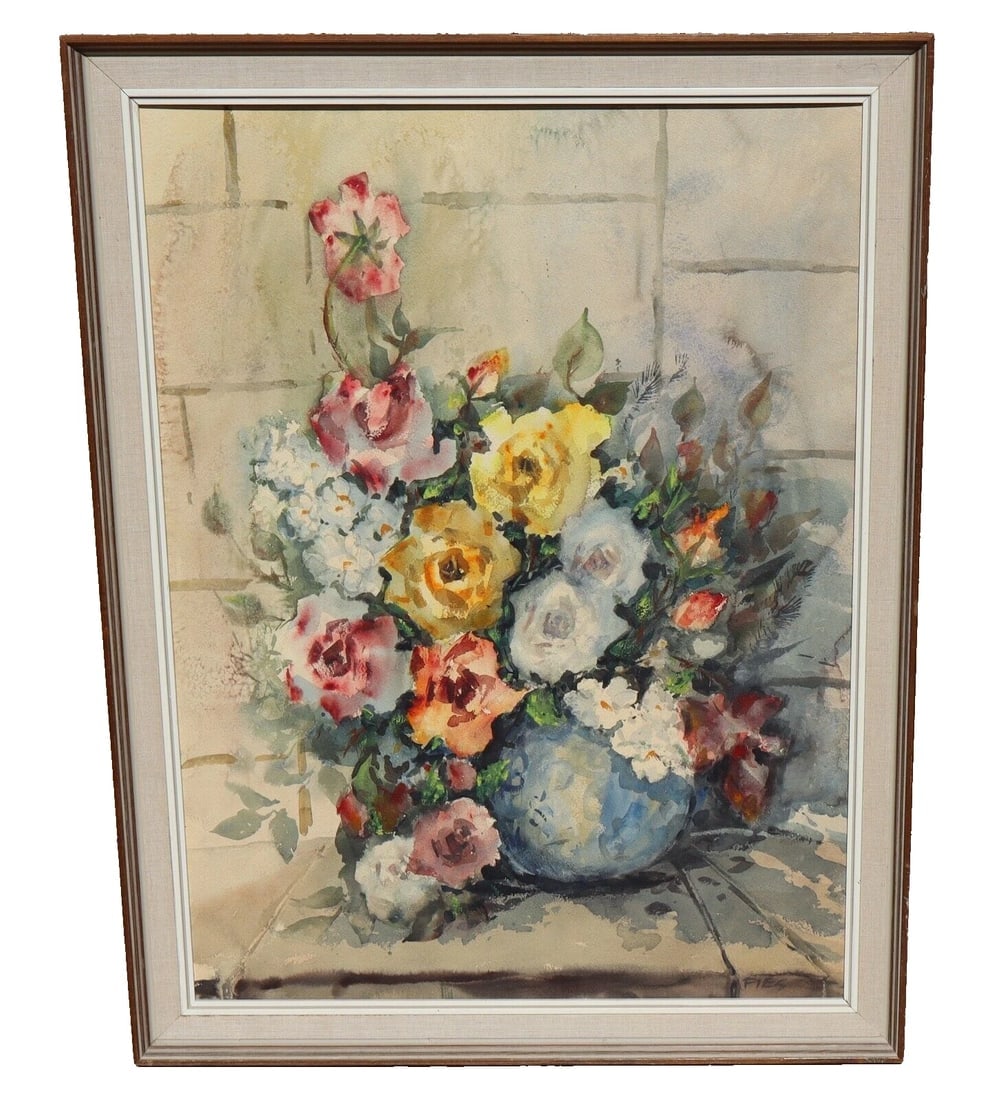 GLADYS LOUISE BOWMAN FIES California watercolor Still Life Roses in a Blue Pot - 2