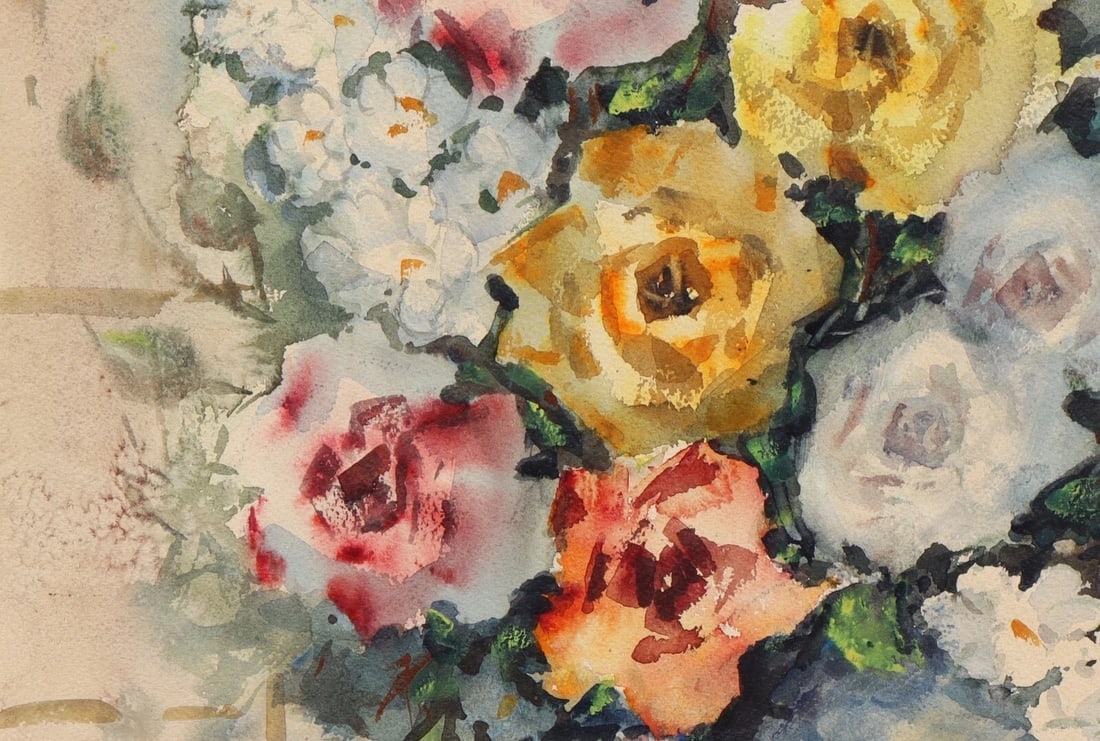 GLADYS LOUISE BOWMAN FIES California watercolor Still Life Roses in a Blue Pot - 8