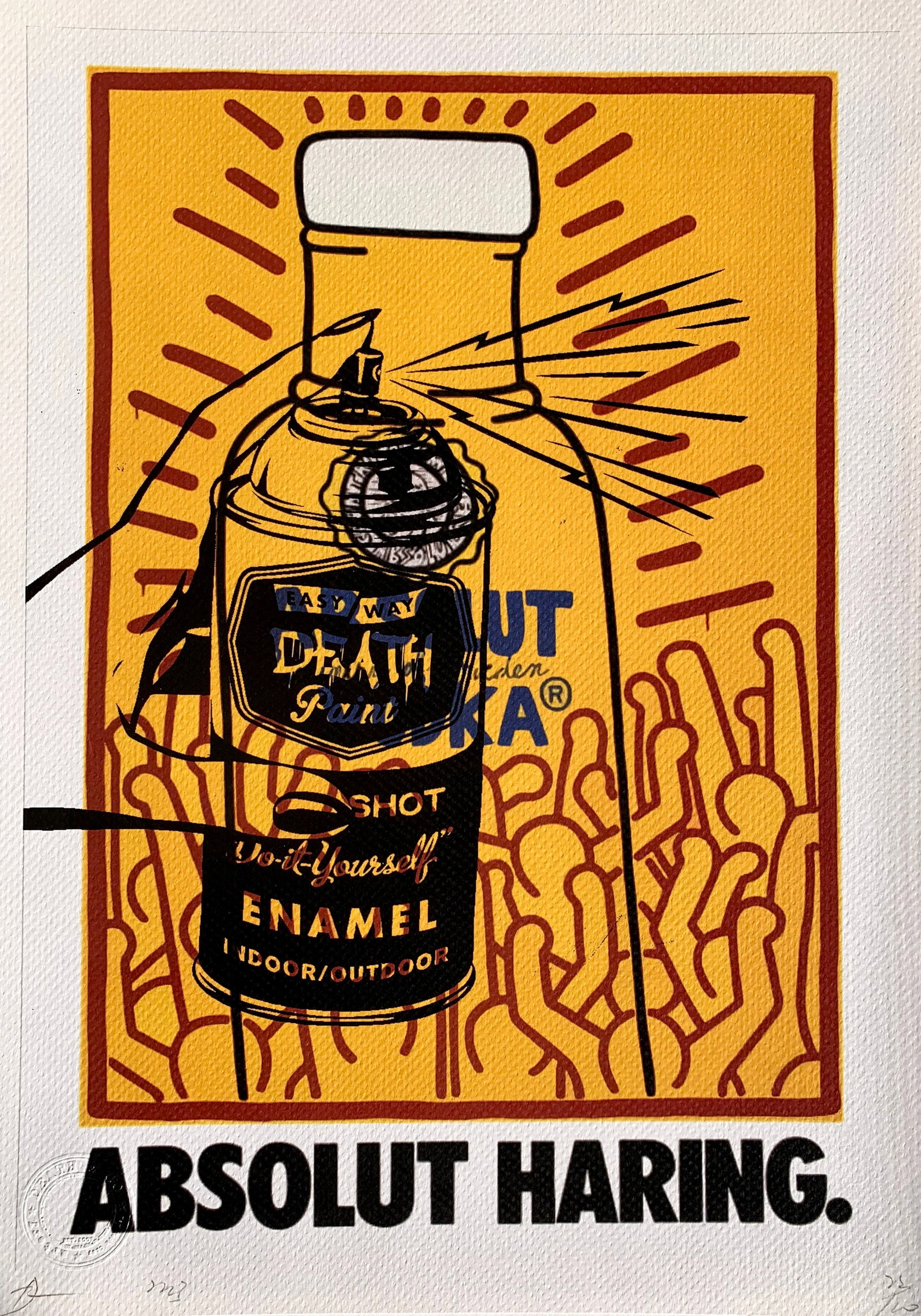 DEATH NYC Keith Haring Absolut: Title: DEATH NYC Keith Haring AbsolutDate/Period: 21st CenturyMaterials:Giclee on Fine art 300 gsm paperSize:17 3/4 x 12 1/2 inchesDescription:Artist: Death NYC, limited edition giclee on paper, out