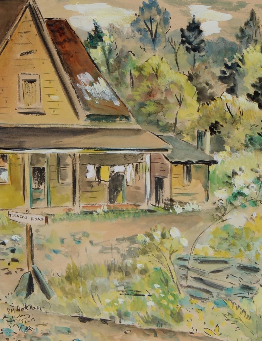 SOCIAL REALISM SHARECROPPER'S HOUSE TOBACCO ROAD 1945 watercolor Berthold Herko - 3