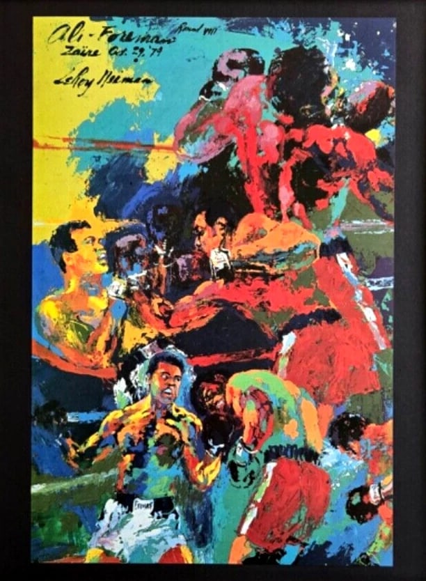 LEROY NEIMAN + MUHAMMAD ALI FOREMAN BOXING 1970'S PLATE SIGNED PRINT + FRAMED W - 2