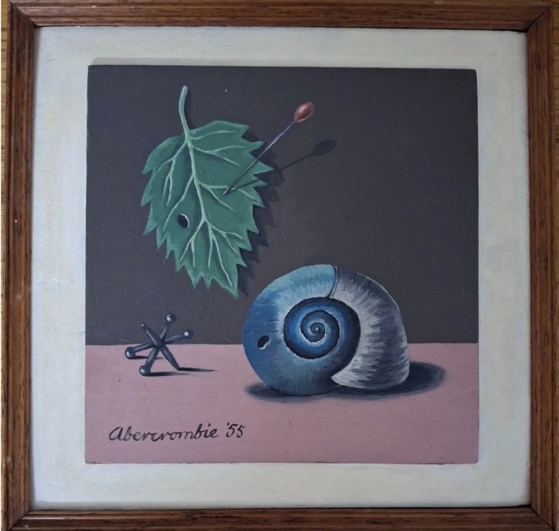 IN THE MANNER OF/AFTER Gertrude Abercrombie, Leaf with Pin and shell "55: Title: IN THE MANNER OF/AFTER Gertrude Abercrombie, Leaf with Pin and shell "55 Description:Gertrude Abercrombie (American, 1909-1977) Surrealistic Oil on Masonite Still Life Composition with a shell