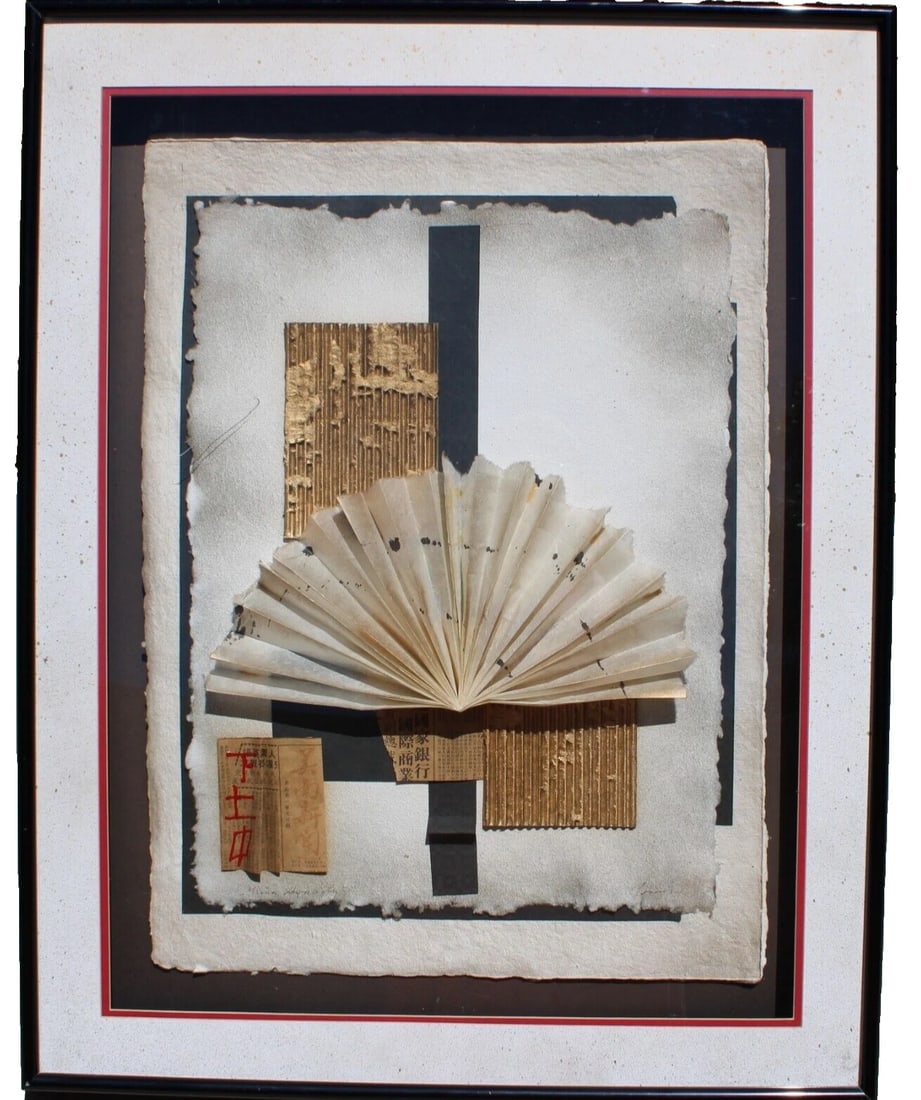 Artist Unidentified Mixed Media Collage with Fan & Scrolls titled Ming Dynasty: Title:Artist Unidentified Mixed Media Collage with Fan & Scrolls titled Ming Dynasty Description:Artist Unidentified. Mixed Media with Fan and Scrolls, titled Ming Dynasty, 29" x 21" image sight size