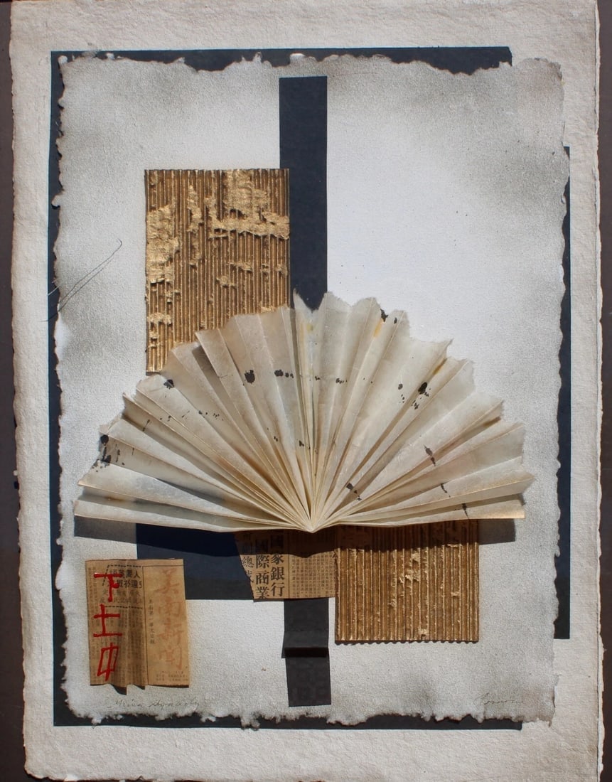 Artist Unidentified Mixed Media Collage with Fan & Scrolls titled Ming Dynasty - 4