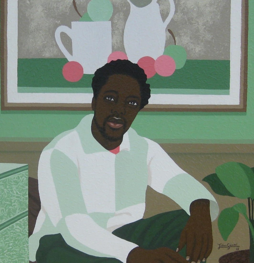 Joshua Salami, In His Space -21st Century, Contemporary, Figurative, Modern Men, Interior, Wine, - 16