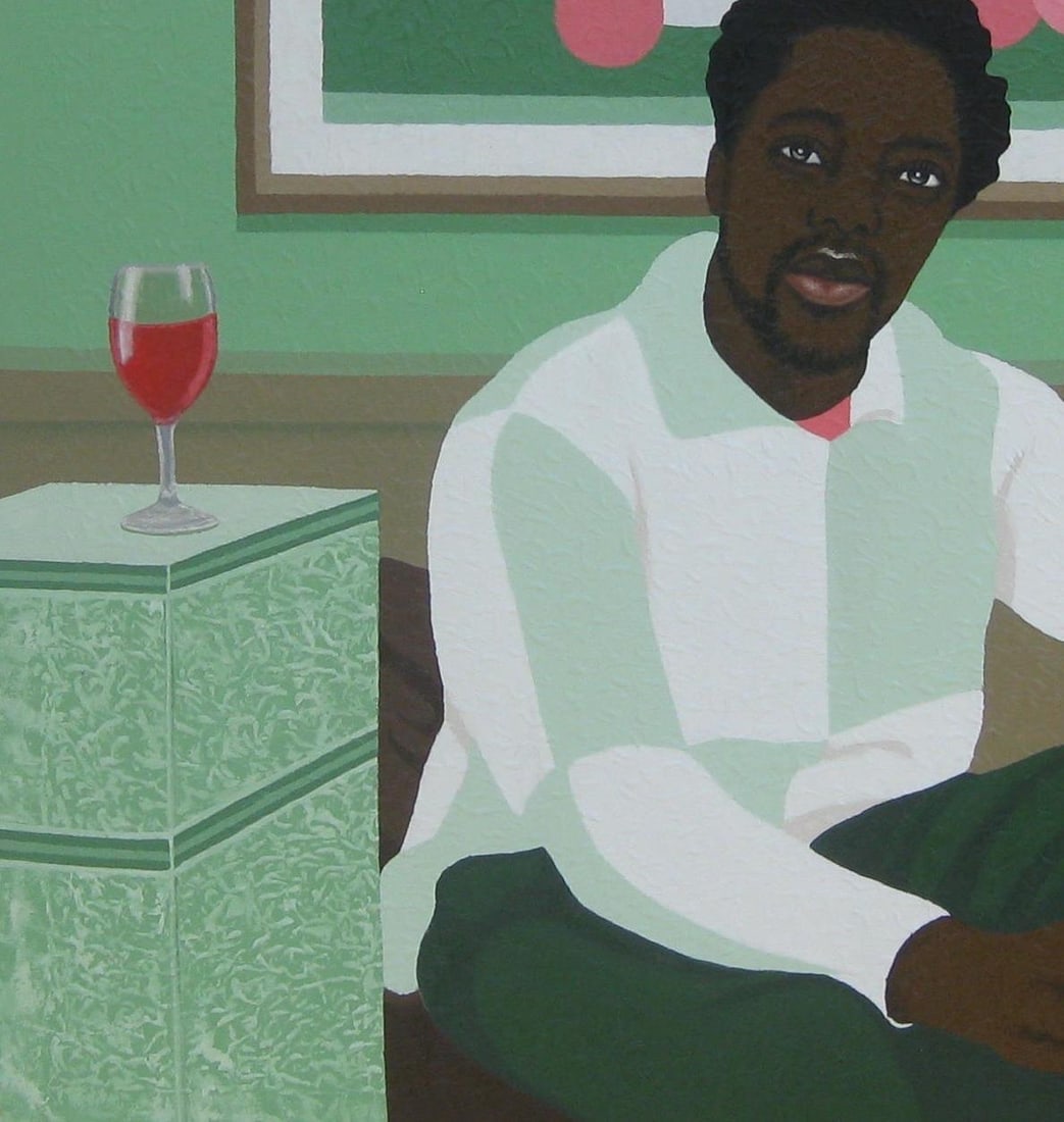 Joshua Salami, In His Space -21st Century, Contemporary, Figurative, Modern Men, Interior, Wine, - 2
