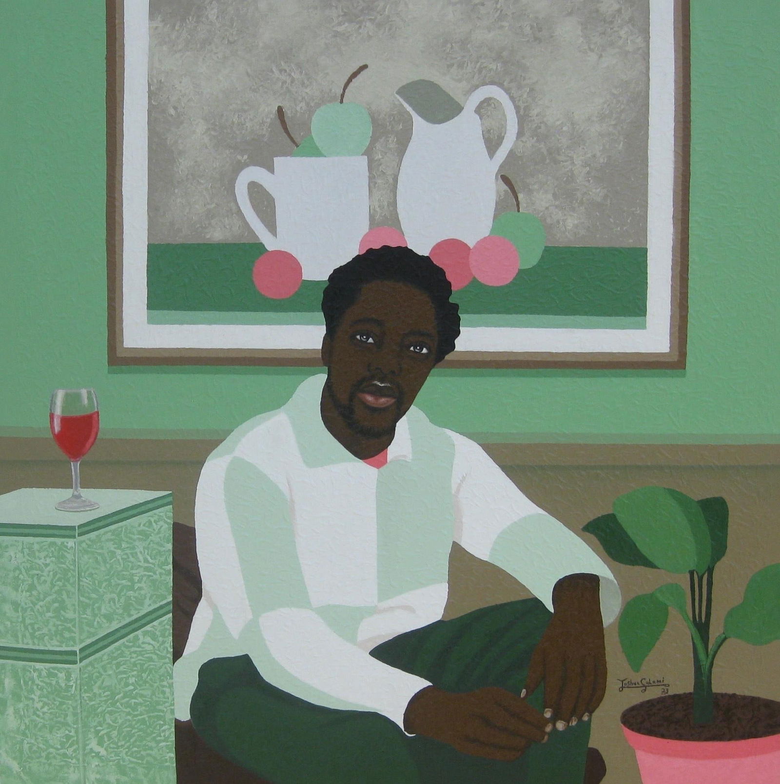 Joshua Salami, In His Space -21st Century, Contemporary, Figurative, Modern Men, Interior, Wine, - 5