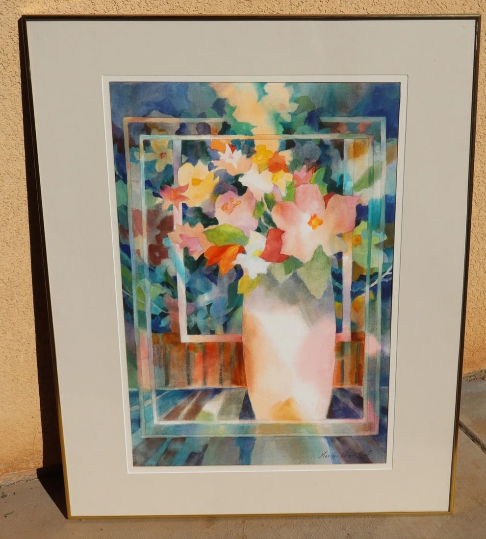 MARILYN HOECK NEAL California Artist Floral Reflections Giclee: Title:MARILYN HOECK NEAL California Artist Floral Reflections GicleeDescription:Marilyn Hoeck Neal. California artist. Giclee entitled "Reflections", 29-1/2" x 19-1/2" image sight size (framed size: