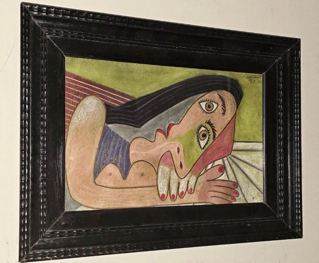 COPY AFTER Pablo Picasso Painting Pastels On OriginalPaper Hand Signed: Title: COPY AFTER Pablo Picasso Painting Pastels On OriginalPaper Hand SignedDescription:Reclining Woman Bust", August 15, 1970.Pastel on paper, signed by the artist on both front and back (rear