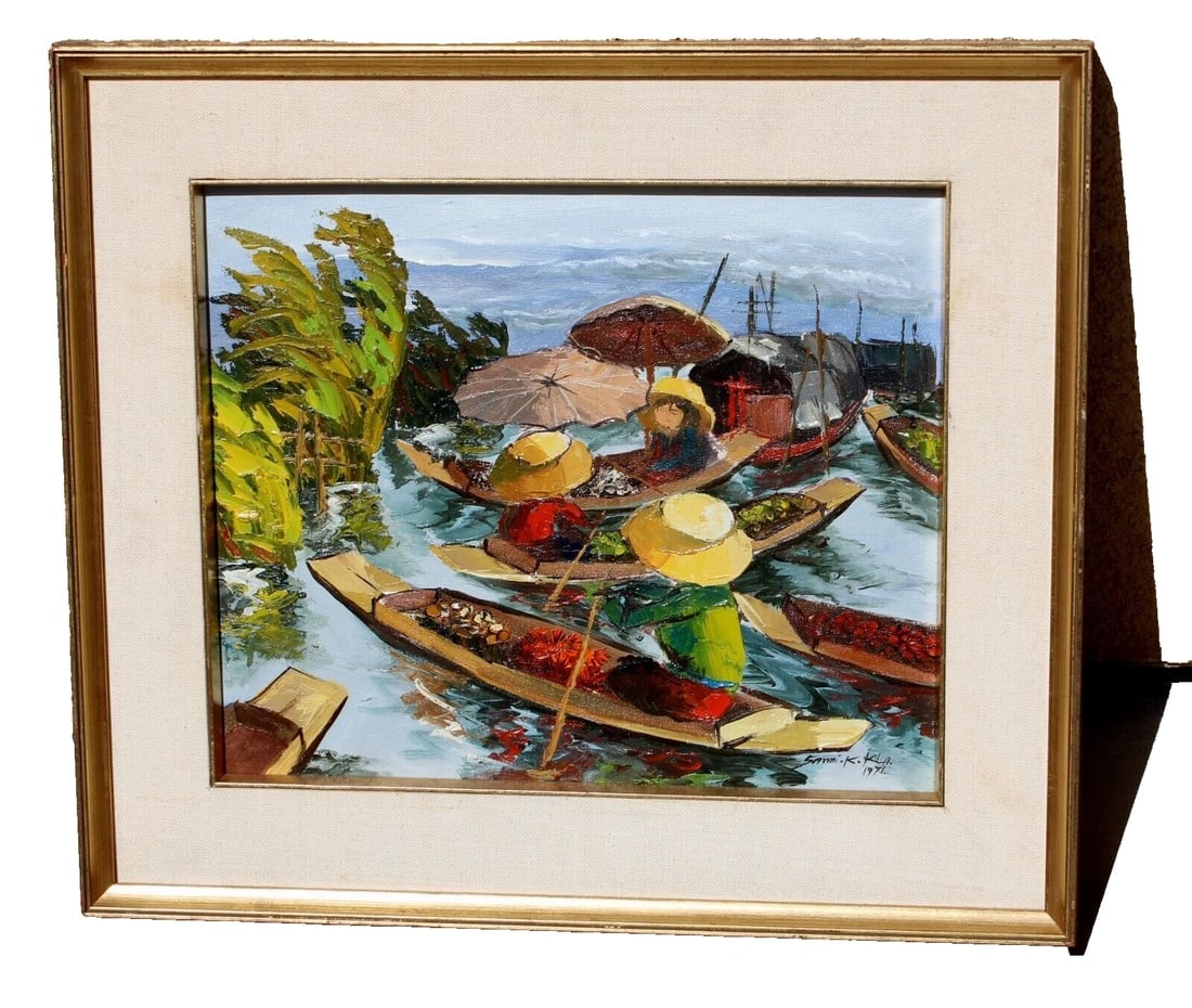 Mid Century Thai Floating Marketplace oil painting 1971: Title:Mid Century Thai Floating Marketplace oil painting 1971 Description:Mid Century Impressionist That Floating Marketplace oil painting, 14-1/2" x 17" oil on canvas (framed size: 20" x 23") signed/