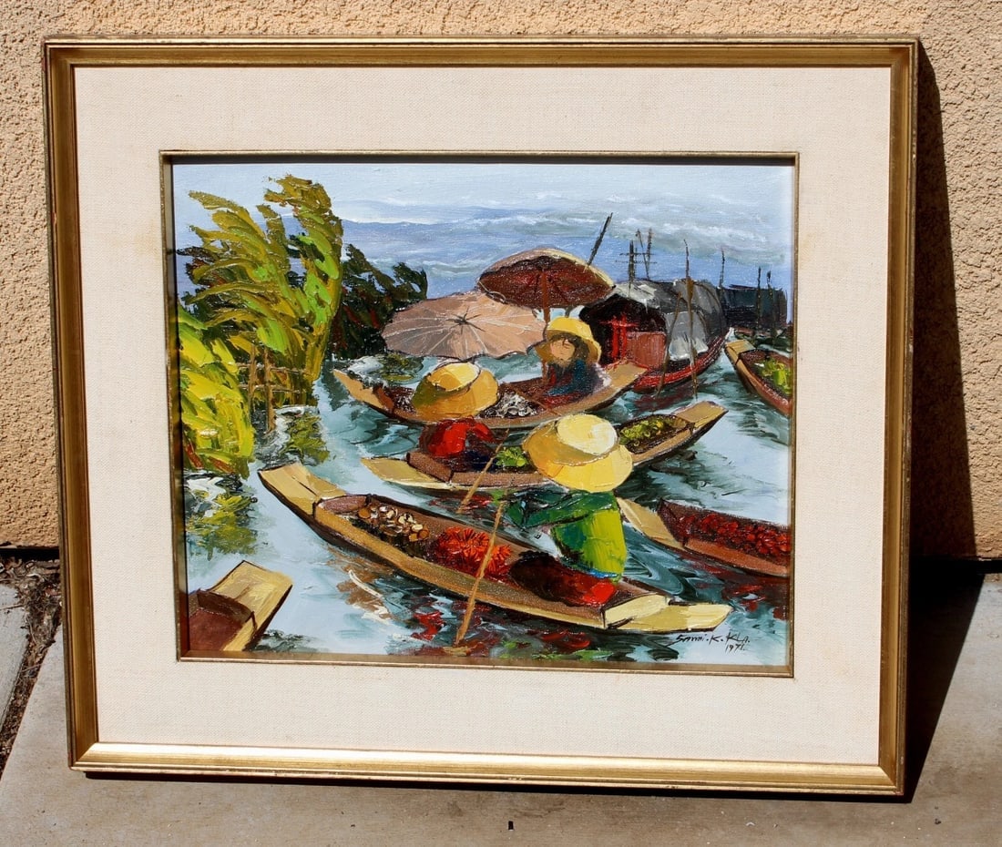 Mid Century Thai Floating Marketplace oil painting 1971 - 3