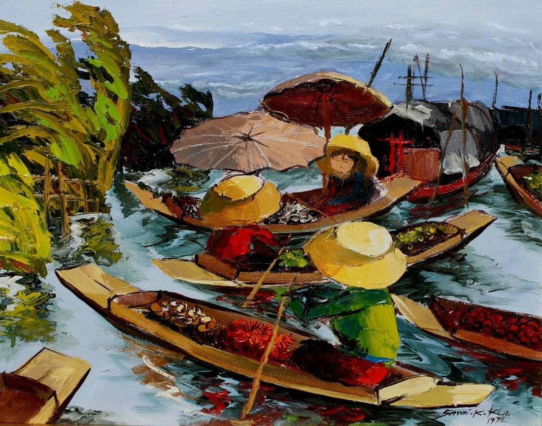 Mid Century Thai Floating Marketplace oil painting 1971 - 4