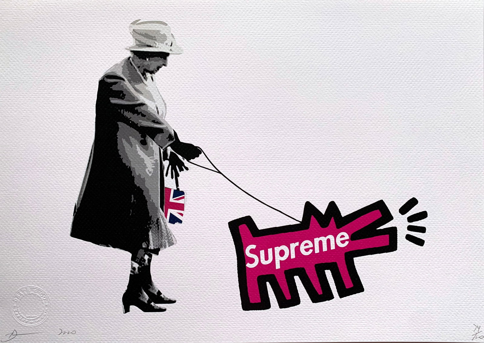 Death NYC Queen Haring dog Supreme: Title: Death NYC Queen Haring dog Supreme Date/Period: 21st Century Materials:Giclee on Fine art 300 gsm paper Size:17 3/4 x 12 1/2 inches Description:Artist: Death NYC, limited edition giclee on pape
