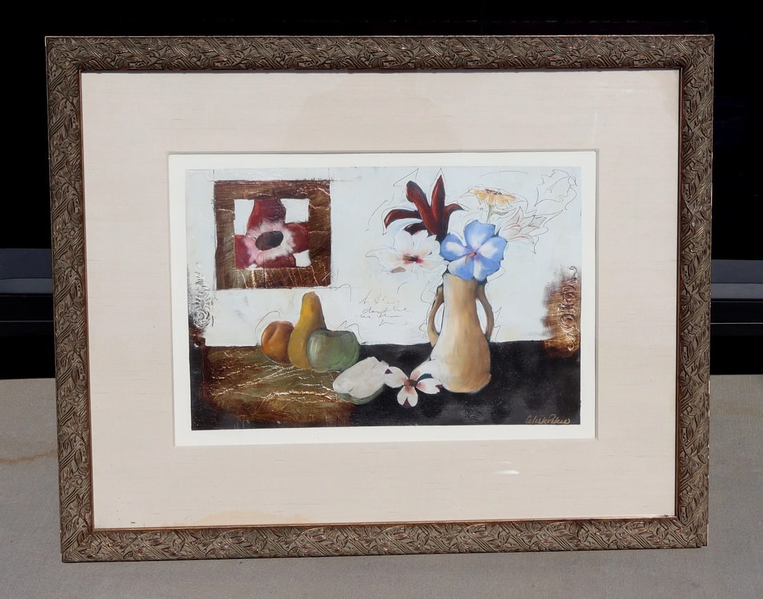 Celeste Peters Floral Still Life Original Acrylic and Gold Leaf on Paper - 3
