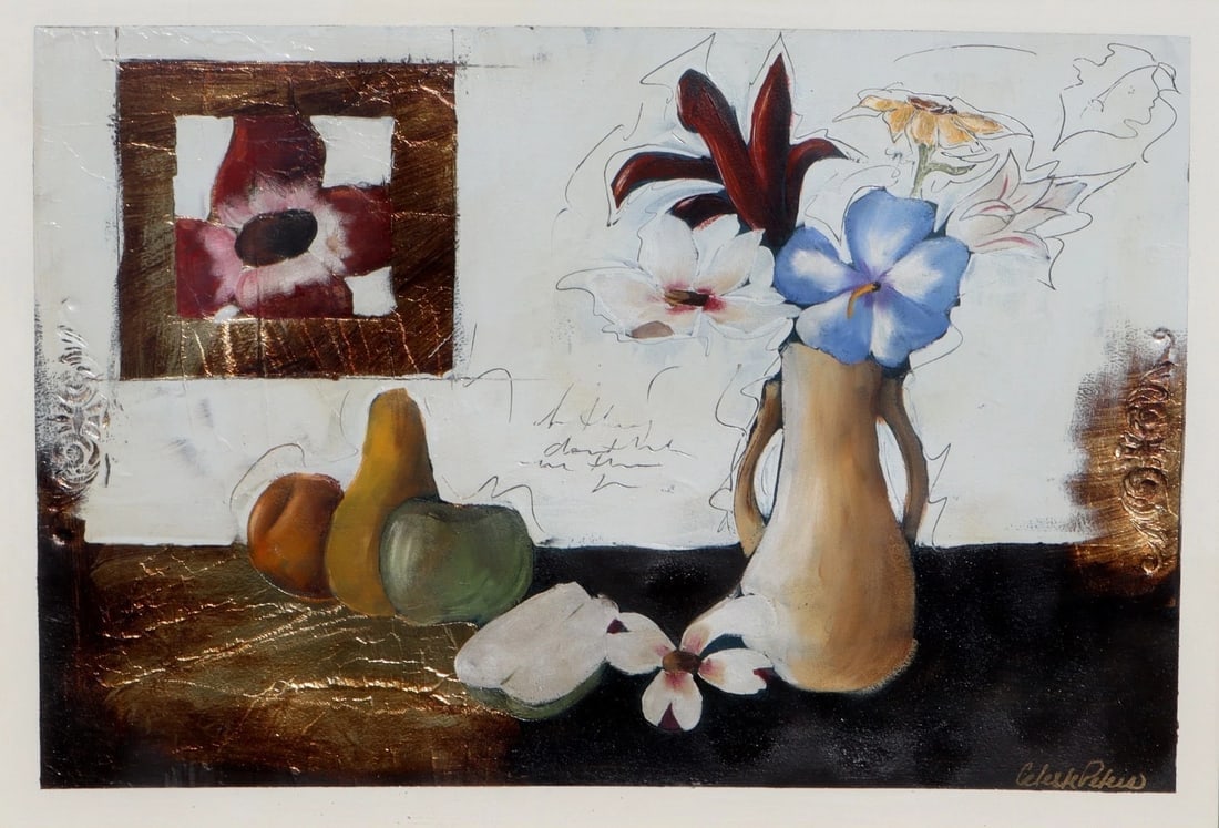 Celeste Peters Floral Still Life Original Acrylic and Gold Leaf on Paper - 4