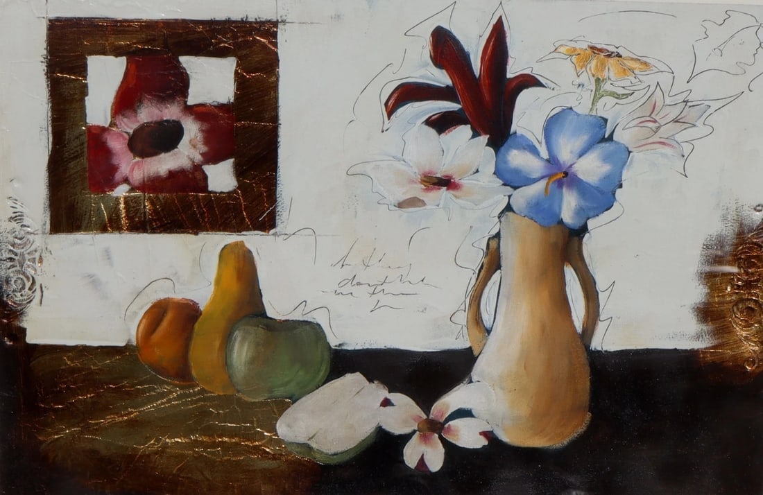 Celeste Peters Floral Still Life Original Acrylic and Gold Leaf on Paper - 5