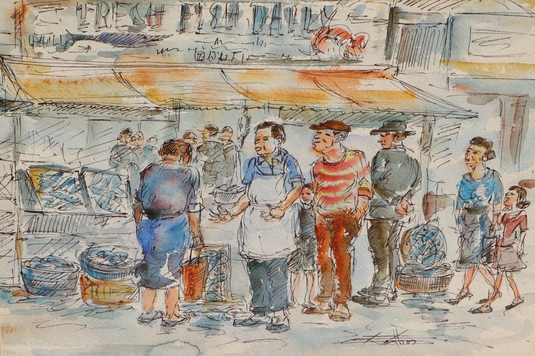 STEVEN ANTON XANTHOS Old Associated American Artists Watercolor &Ink Fish Market - 4
