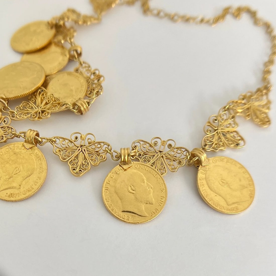 Vintage Antique Coin Butterfly Chain Necklace 22K Yellow Gold, 52.56 Grams - 13