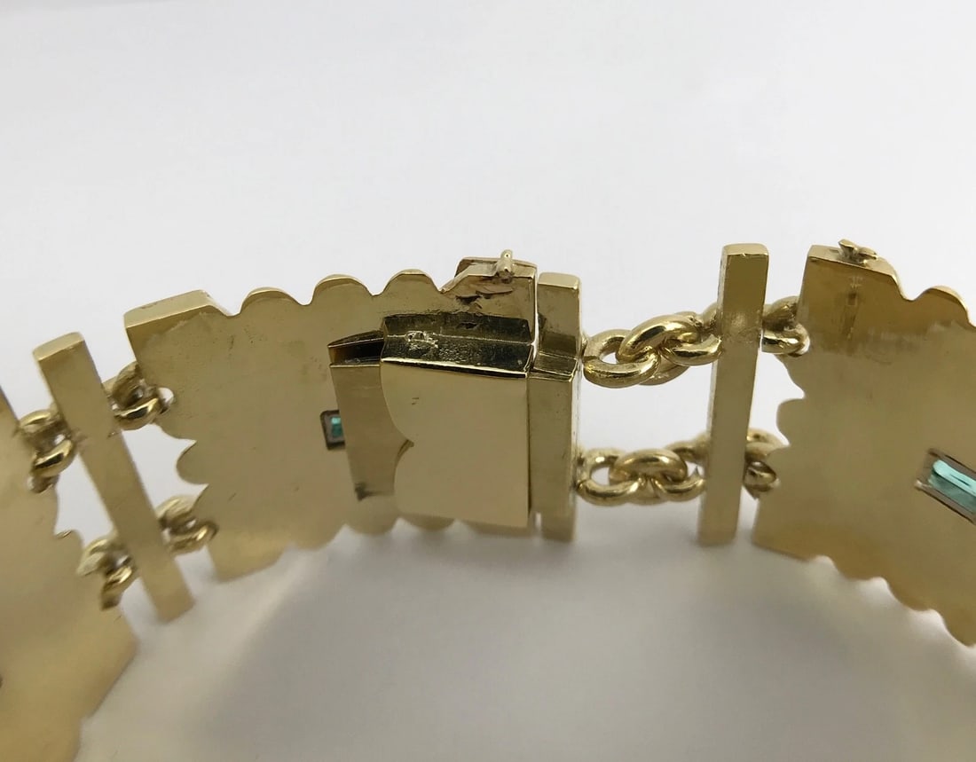 Antique Art Deco Green Emerald Square Link Bracelet 18K Yellow Gold, 92.51 Grams - 9