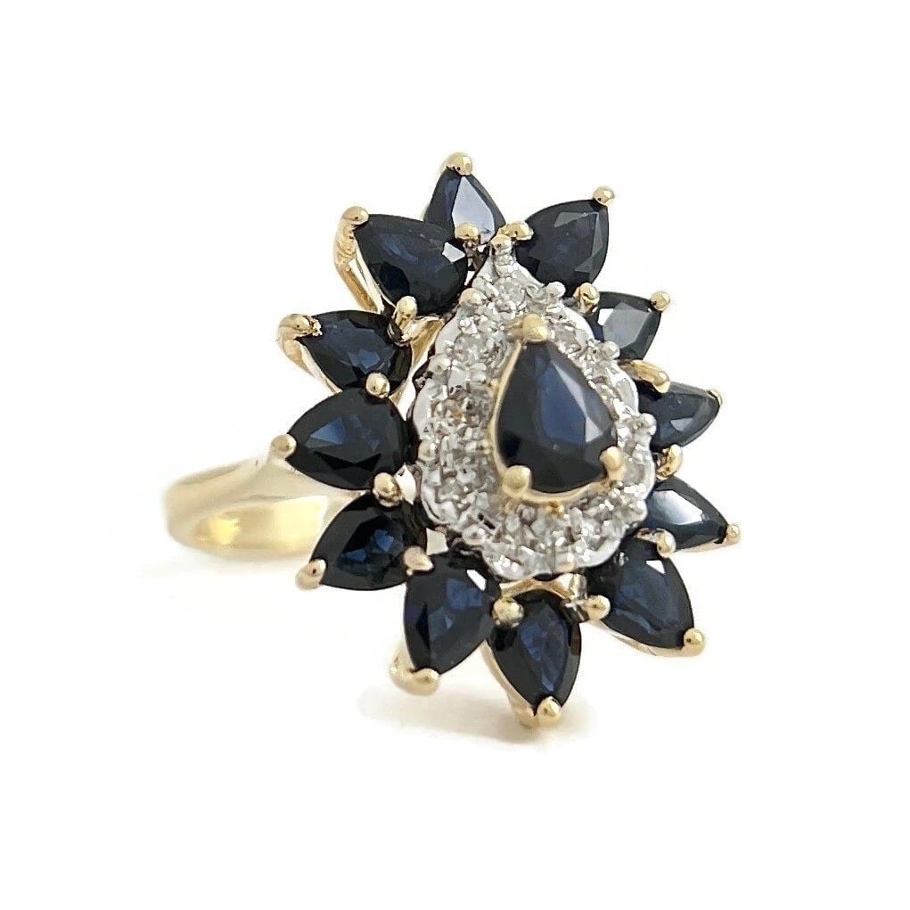 Vintage Pear Blue Sapphire Diamond Cocktail Ring 14K Yellow Gold, 4.38 Grams: Title: Vintage Pear Blue Sapphire Diamond Cocktail Ring 14K Yellow Gold, 4.38 Grams Description: Vintage Pear Blue Sapphire Diamond Cocktail Ring 14K Yellow Gold, 4.38 Grams This is a gorgeous cocktai