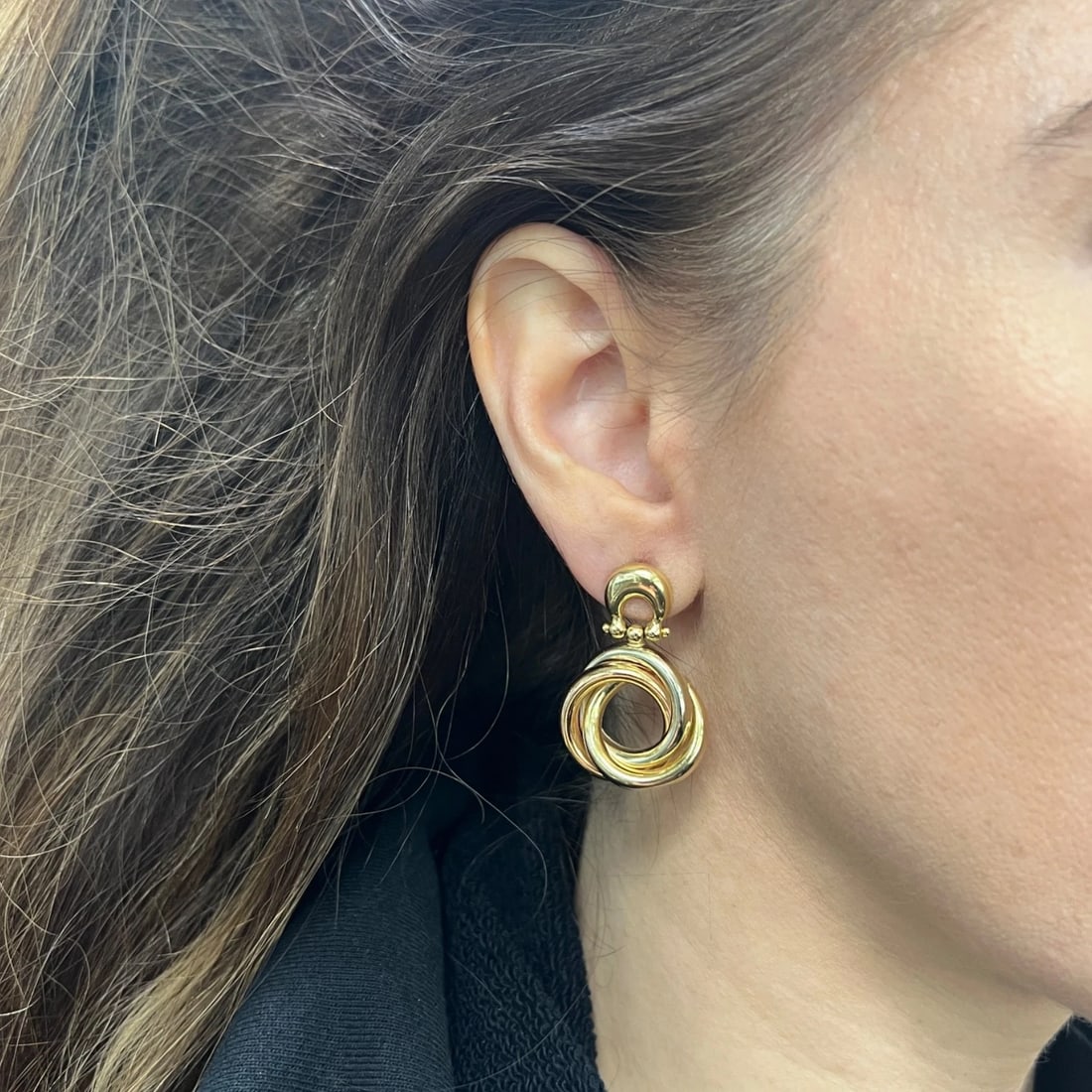 Vintage 1960's Tri-Color Knot Door Knocker Drop Earrings 18K Yellow Gold 9.88 Gr - 3