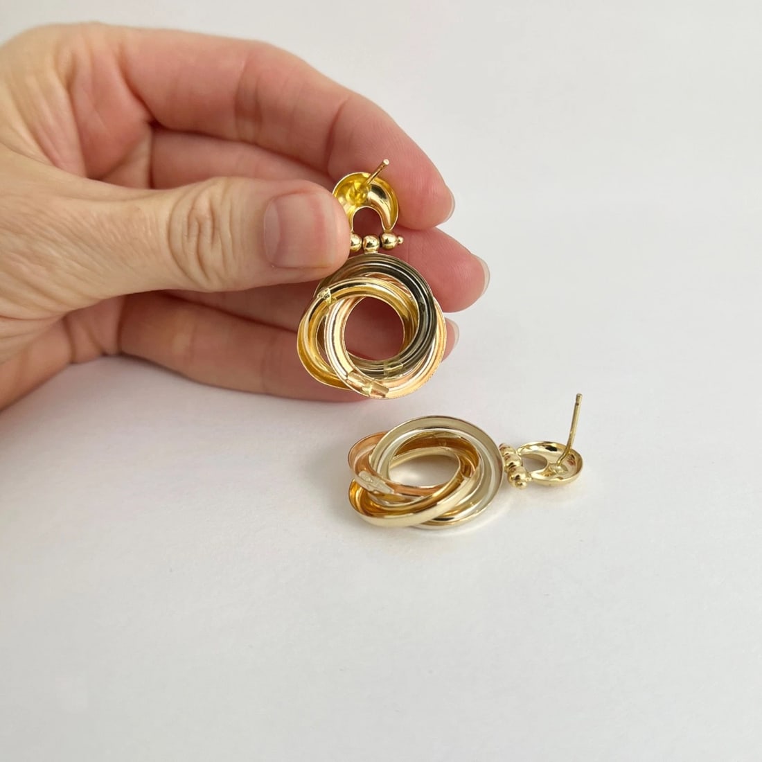 Vintage 1960's Tri-Color Knot Door Knocker Drop Earrings 18K Yellow Gold 9.88 Gr - 5