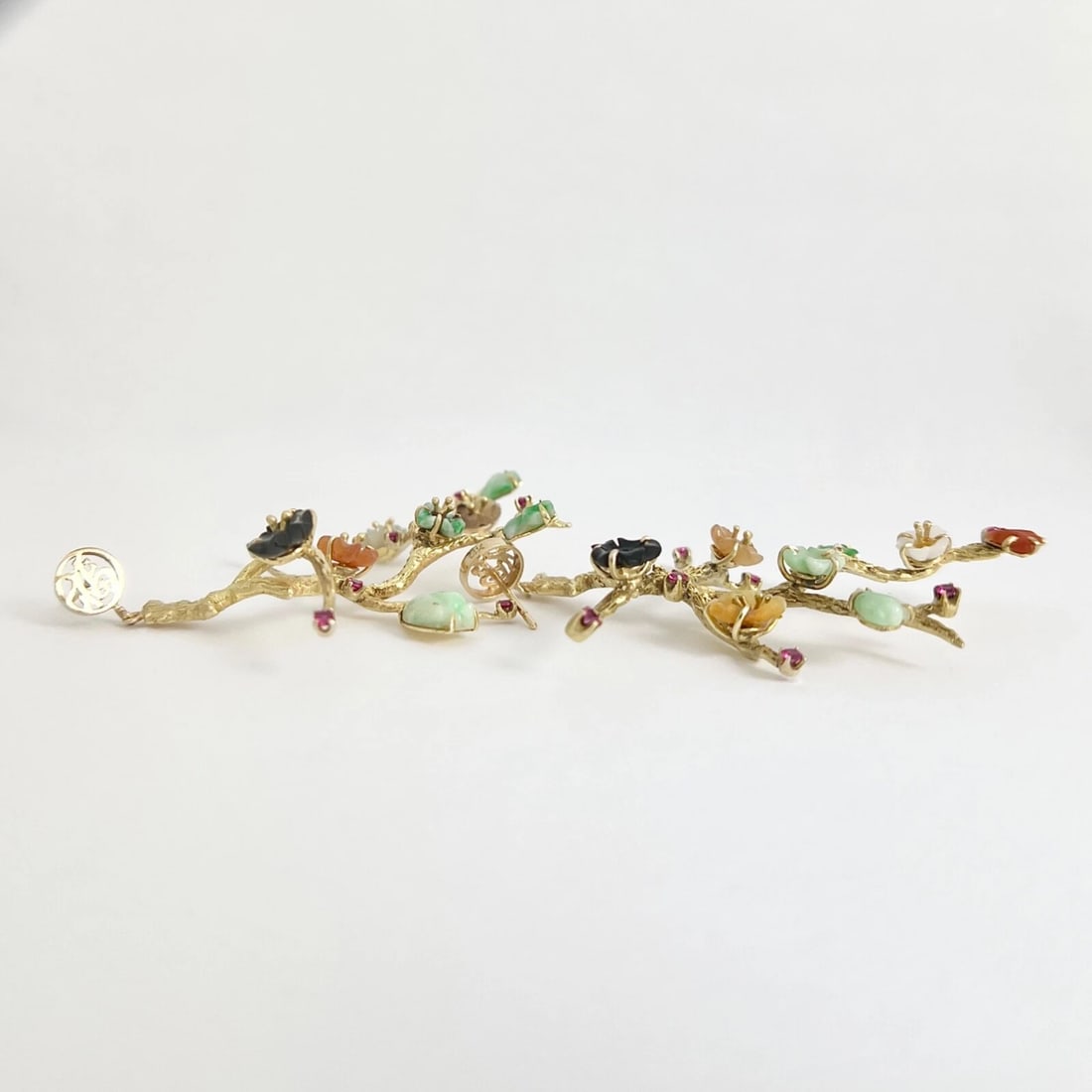 Vintage Fu Multicolored Jade Branch Dangle Drop Earrings 14K Yellow Gold 22.18 G - 5