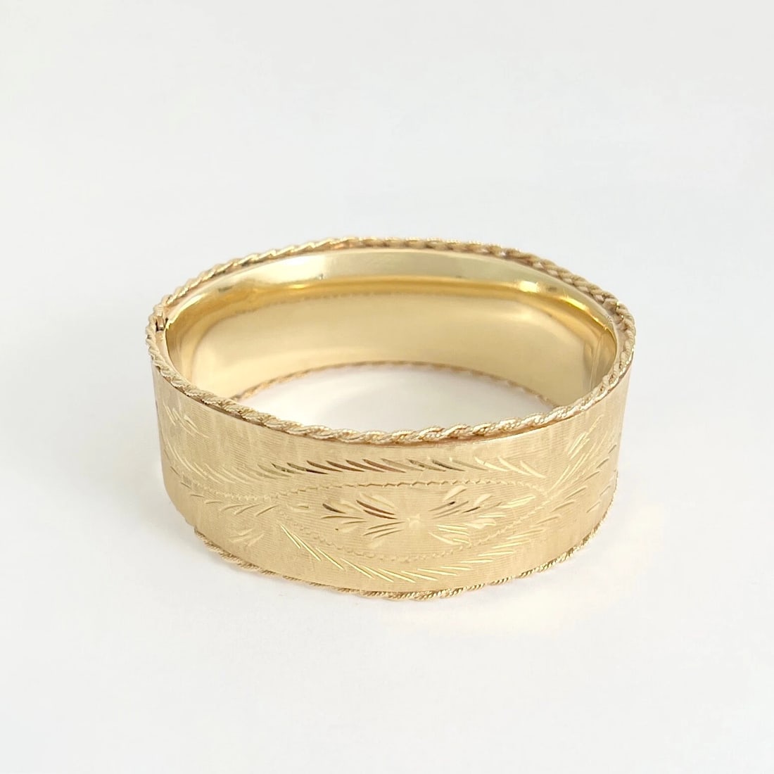 Vintage 1950's Wide Etched Rope Edge Bangle Bracelet 14K Yellow Gold, 34.66 Gram - 8