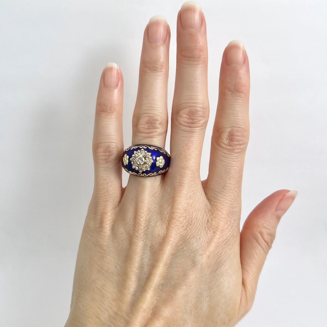 Vintage 1950's Blue Enamel Diamond Flower Cocktail Ring 14K Yellow Gold 11.15 Gr - 2