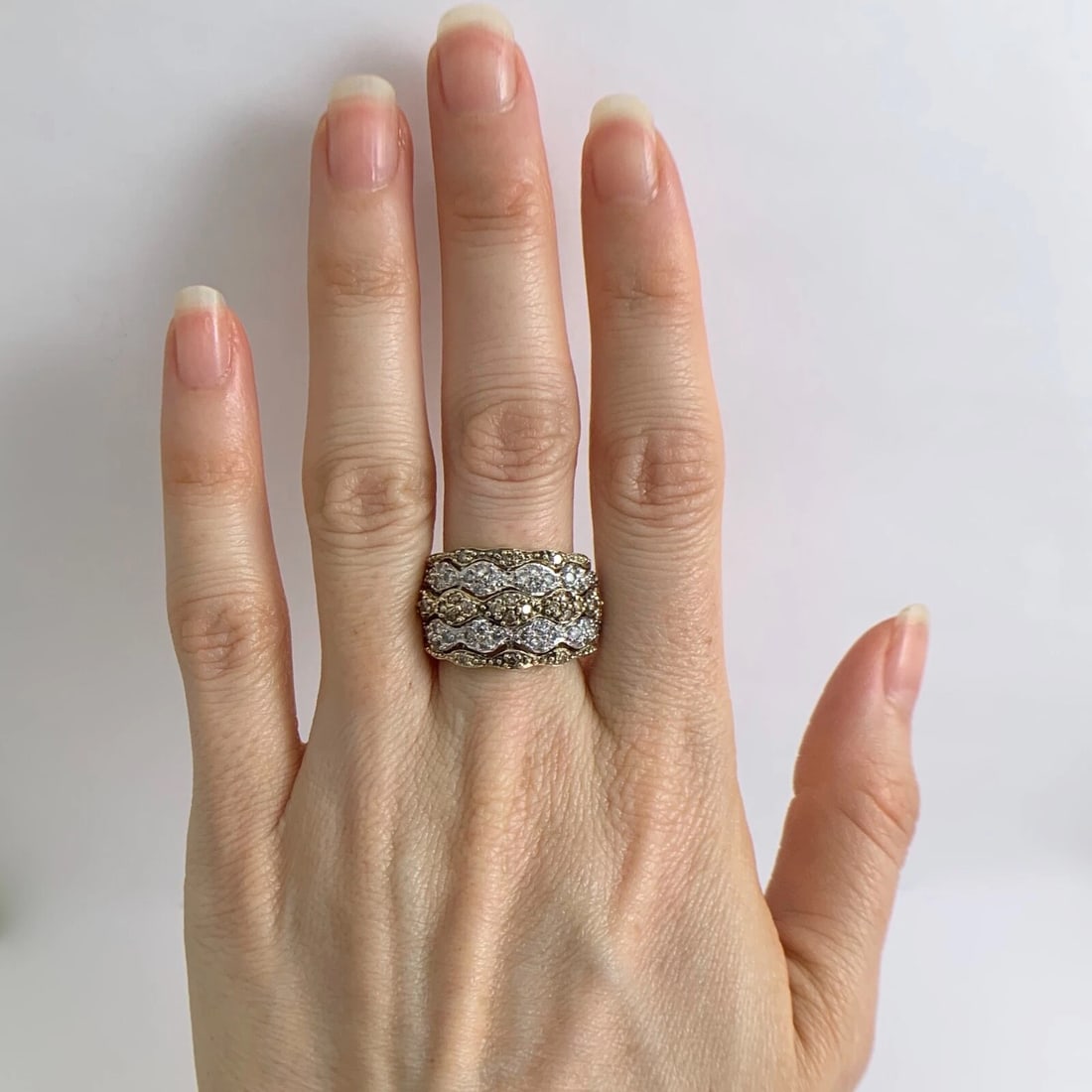 Vintage Brown Cognac White Diamond Wide Band Ring 14K Yellow Gold, 7.19 Grams - 2