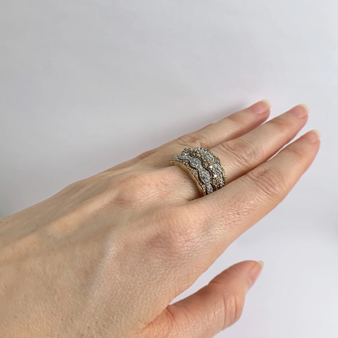 Vintage Brown Cognac White Diamond Wide Band Ring 14K Yellow Gold, 7.19 Grams - 4