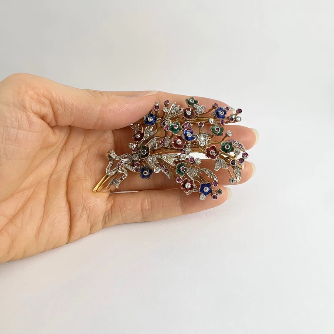 Antique Victorian Enamel Diamond Flower Spray Brooch 18K Yellow Gold, 34.49 Gram - 2