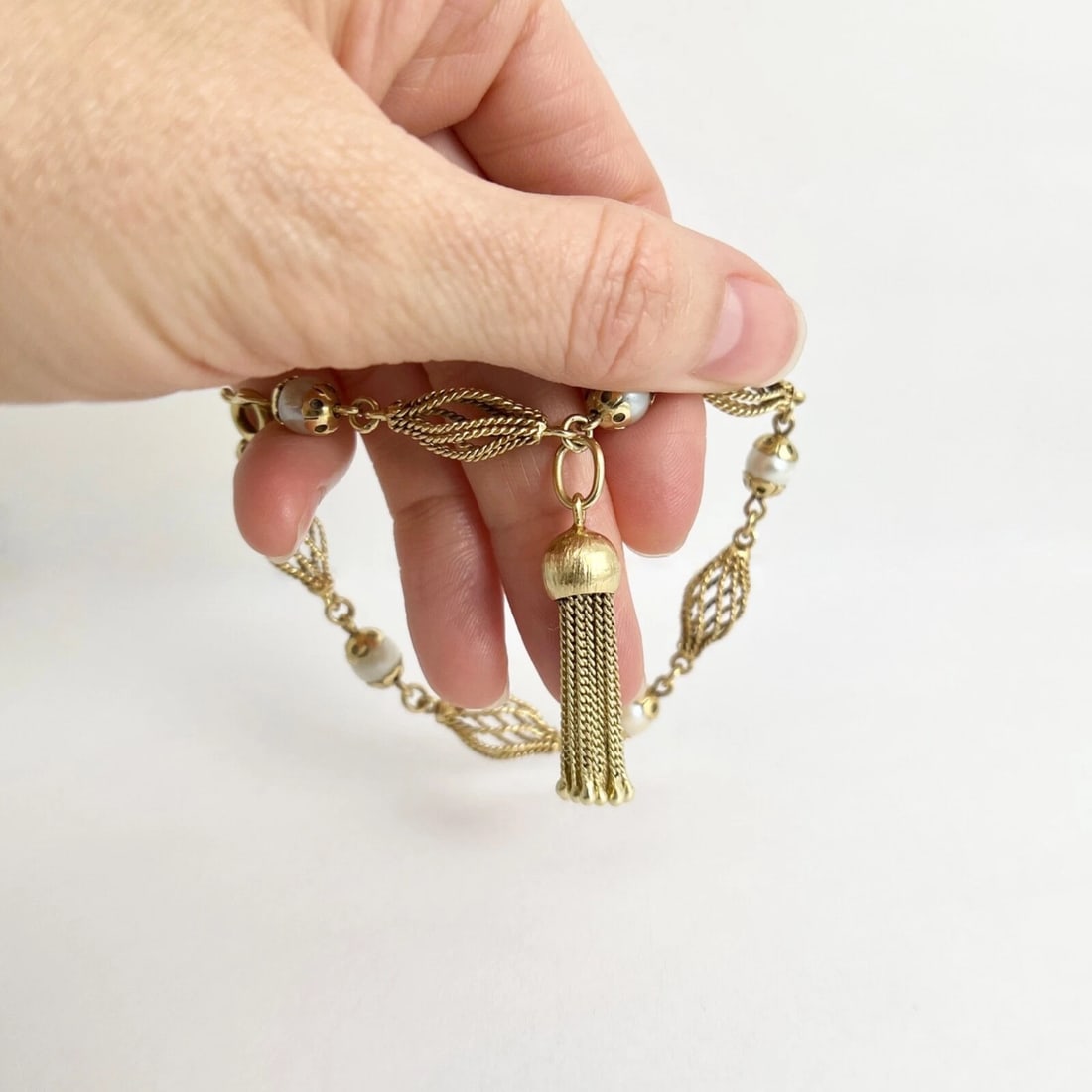 Vintage Pearl Spindle Tassel Chain Bracelet 14K Yellow Gold, 8 Inches, 16.73 Gr - 2