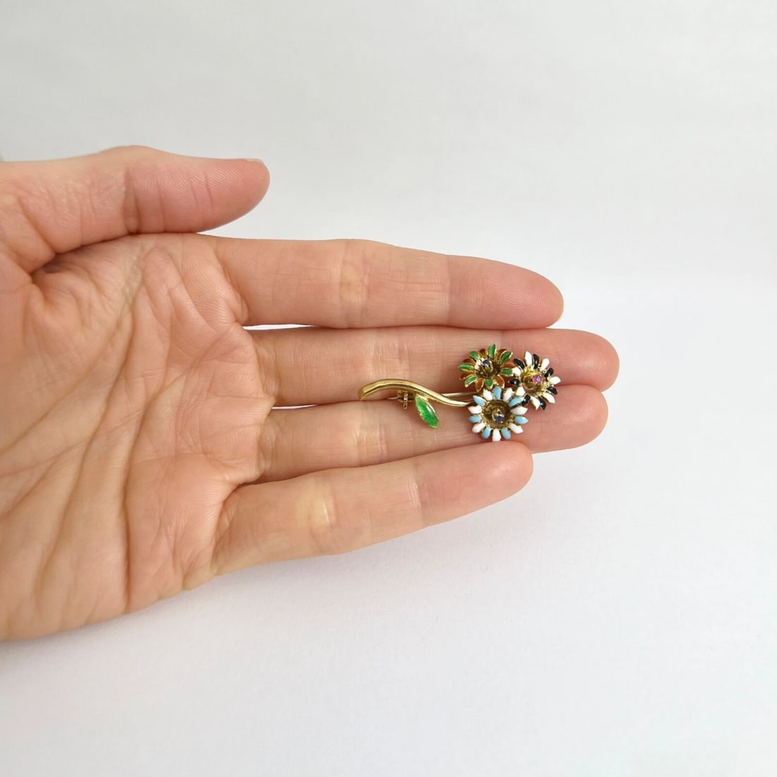 Vintage 1940's Multicolored Enamel Gemstone Flower Brooch 18K Yellow Gold 4.65 G - 2