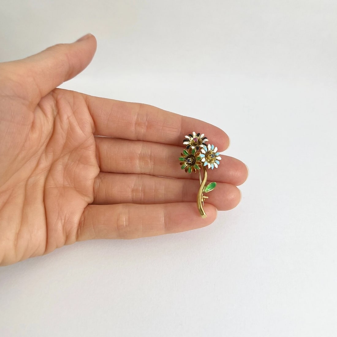Vintage 1940's Multicolored Enamel Gemstone Flower Brooch 18K Yellow Gold 4.65 G - 3